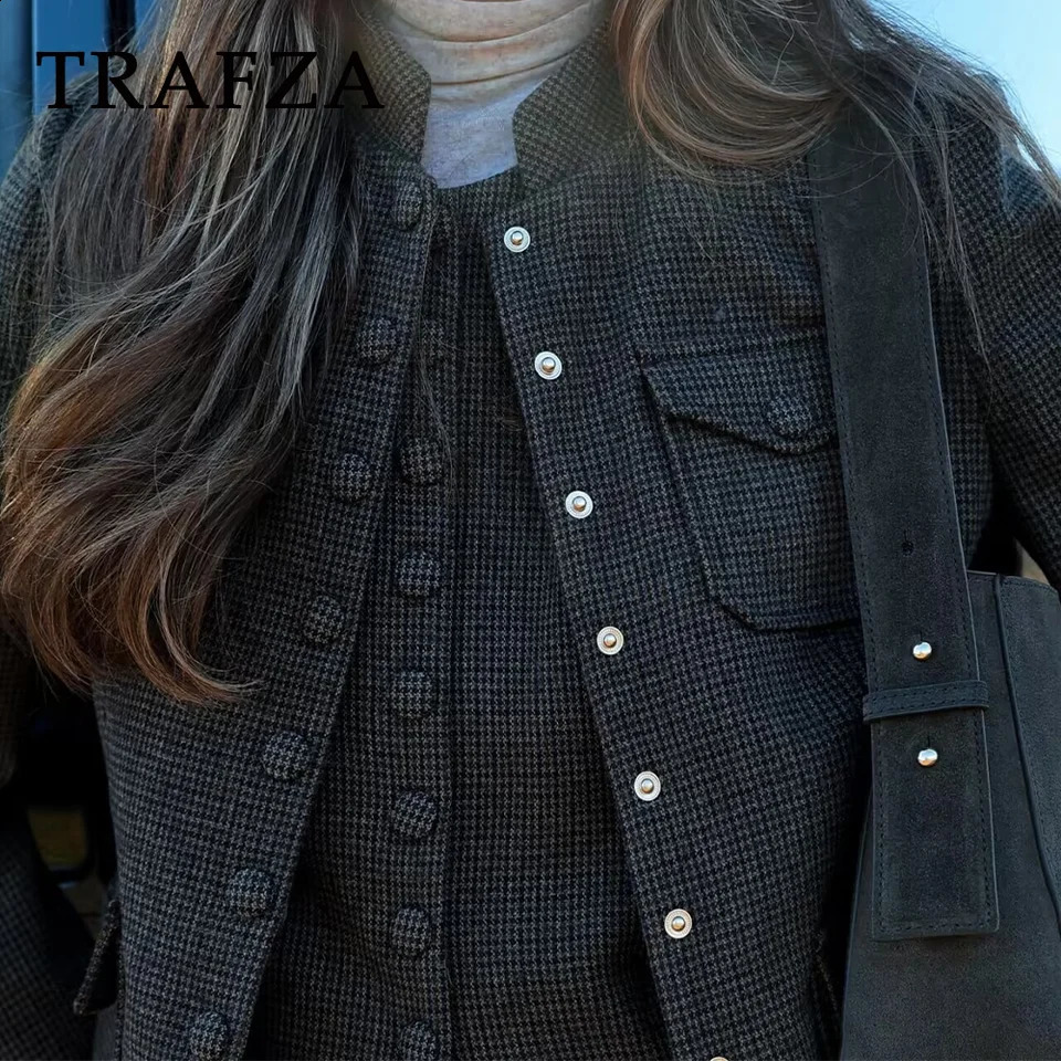 TRAFZA Spring Summer Vintage Houndstooth Women Jackets Fashion Streetwear Single Breasted O Neck Pockets Ladies Jackets 250804