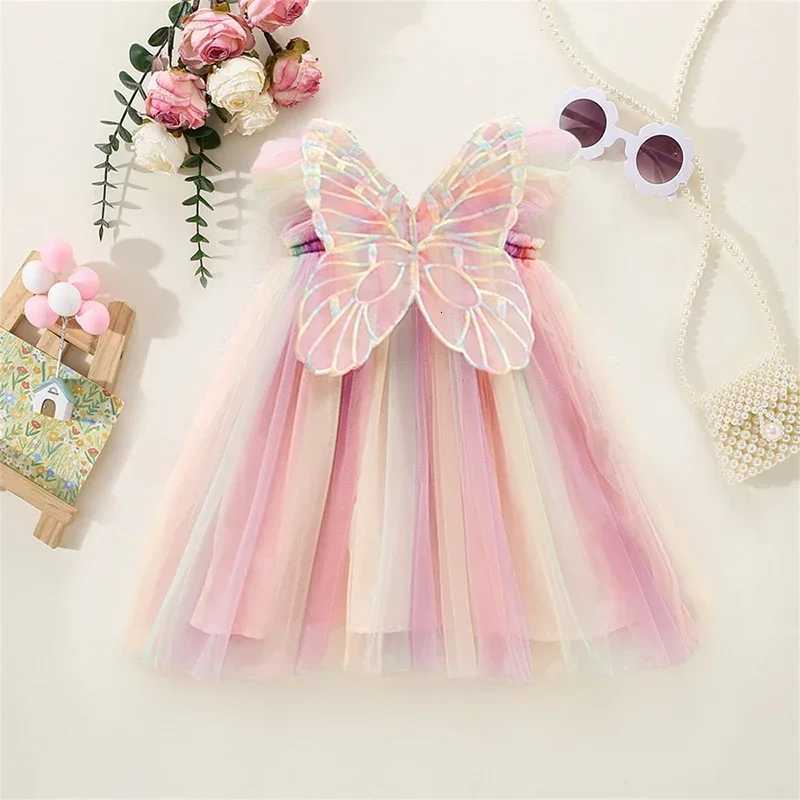 Baby Girls Gradient Rainbow Tulle Sling Dress Back Butterfly Mesh Vintage Dress Children Wedding Birthday Party Princess Dress W250811