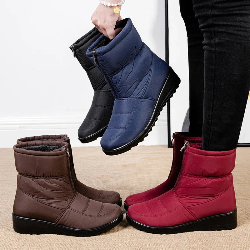 Waterproof Snow Boots for Women 2025 Winter Warm Plush Ankle Booties Front Zipper Non Slip Cotton Padded Shoes Woman Size 44 250805