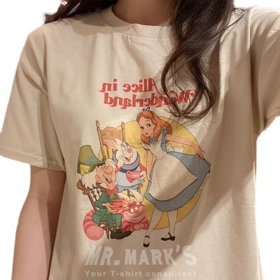 Vintage INS Cartoon Print White Short Sleeve T Shirt For Women Summer New Plus Size Base Shirt Top