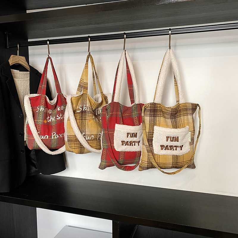 Christmas Red Plaid Lamb Wool Patchwork Autumn Winter Handbag Crossbody Large Capacity Tote Student Reversible Shoulder Bag