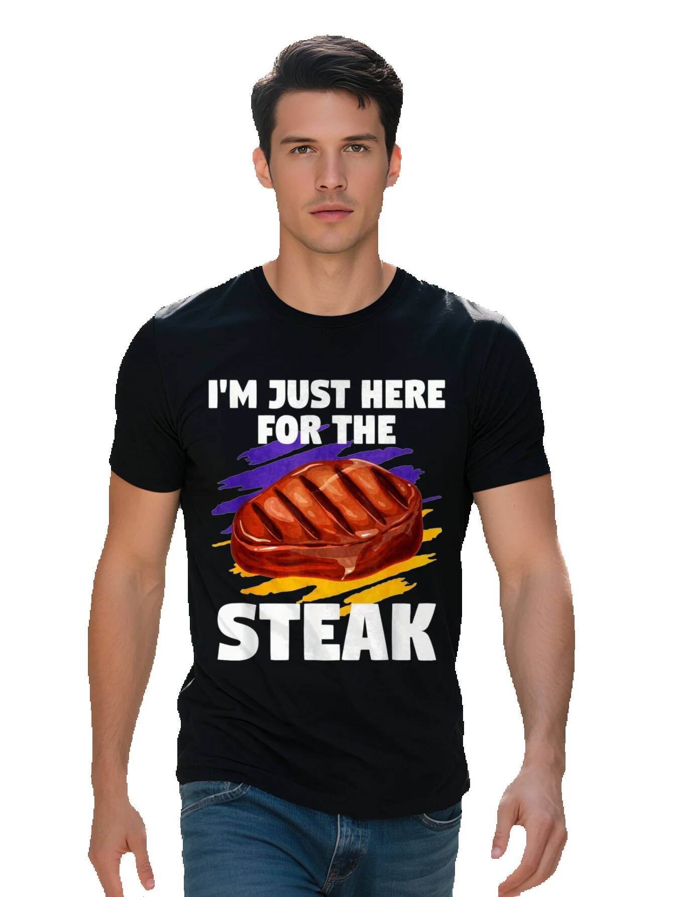 Men s g Cotton T Shirt I'm Just Here The Graphic Tee with Cartoon Steak Design Black Short Sleeve Round Neck 8b971 aa3ba
