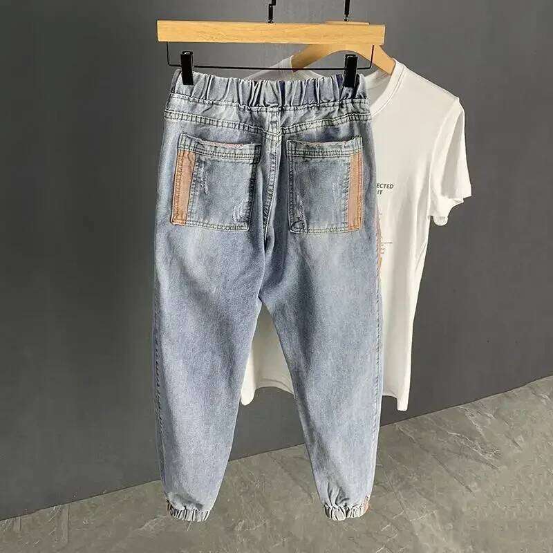 Men's Jeans Broken Cropped Trousers with Holes Man Cowboy Pants Ripped Harem Torn Spring Autumn Summer Stacked Plus Size Washed