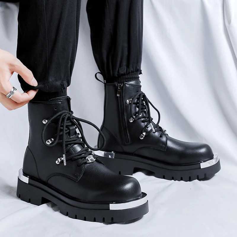 2024 S/A New British Punk Style Leather Boots For Mens Black Hombre Height Increasing Shoes Metal Decoration Fashion Cool Dress W250811