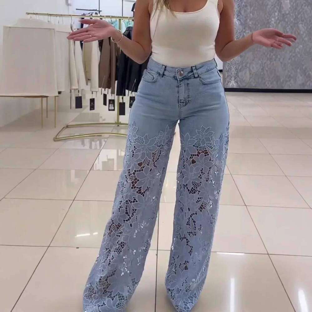 Crochet Hollow Out Flower Jean Women Pants Baggy Zipper Pocket Button Straight Leg Trousers 2025 Summer Elagant Y2k Lady Outwear