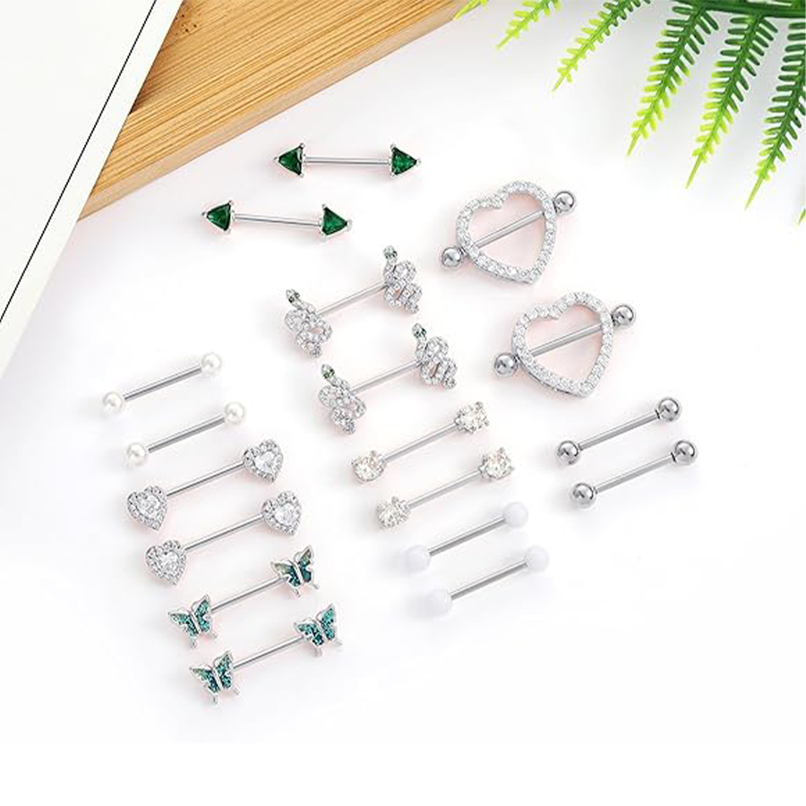 9 Pairs Nipple Rings 14G Stainless Steel Heart Butterfly Snake Ball Emerald Triangle CZ Barbell Tongue Rings Set Cute Body Piercing Jewelry for Women 