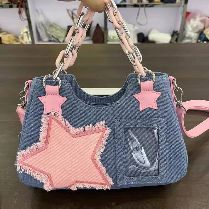 Autumn New Korean Fashion Women's Shoulder Bag Denim Bag Chain Women's Crossbody Bag Niche Zipper Wallet Women's Light Luxury Square Ba