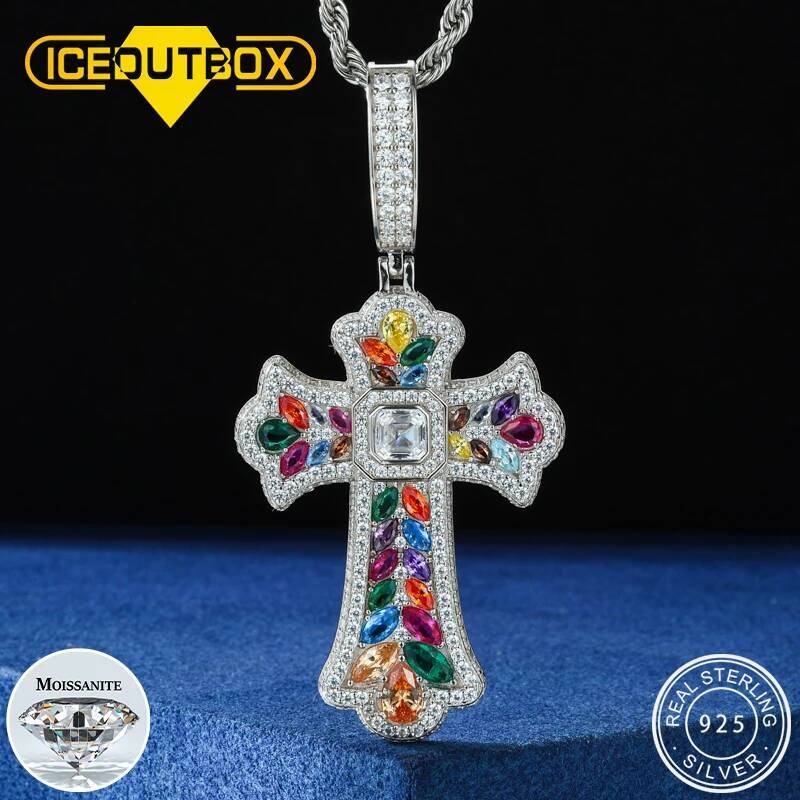New Moissanite Rainbow Prismatic Cross Pendant Necklaces for Women Men Solid 925 Silver Pendant Charms Hip Hop Colorful Jewelry