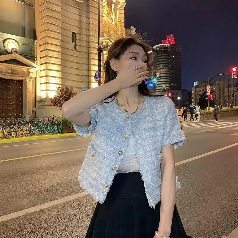 Coarse Tweed Fringed Cropped Versatile Loose-Fit Stylish Short Sleeves Jacket Womens Clothing Crew Neck Top 250805