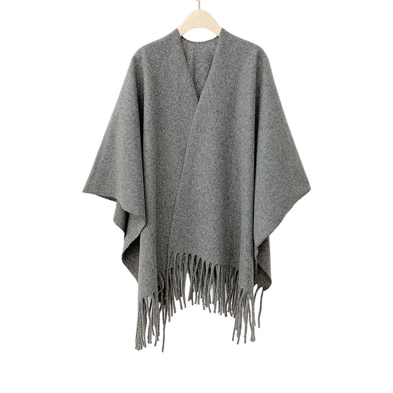 K1630 Cross-border high-end women's solid color imitation cashmere shawl spring and autumn style tassel large cape outer wear cloak manufacturer 