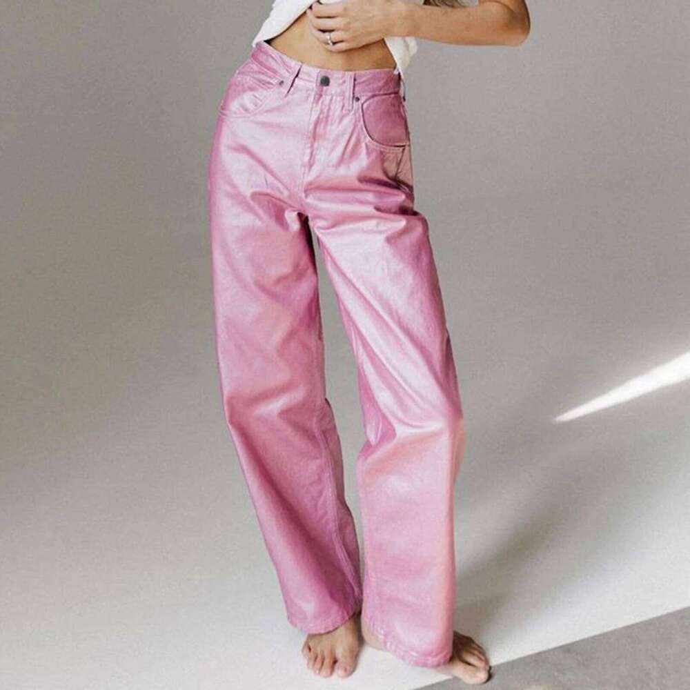 hirigin Women Retro Y2K Metallic Shiny Jeans Casual Solid Color High Waist Straight Leg Denim Pants Disco Club Party Streetwear