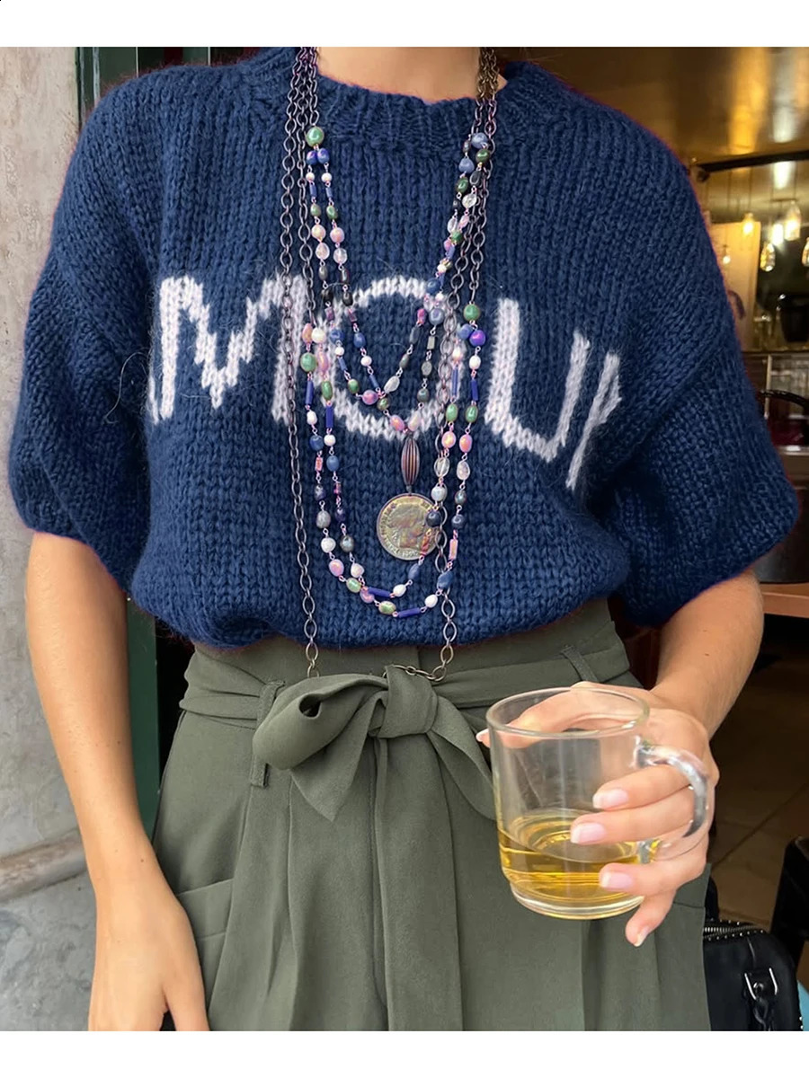 Womens Fall Knit Sweater Half Sleeve Round Neck Solid Color Loose Fit Pullover Tops 250811