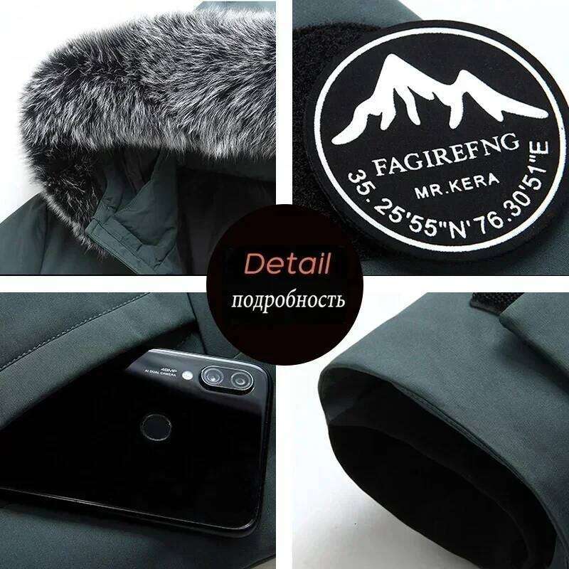 Winter Brand Long Style Jacket Casual Fur Collar Hooded White Duck Down for Men's Mountaineering Warm Coat