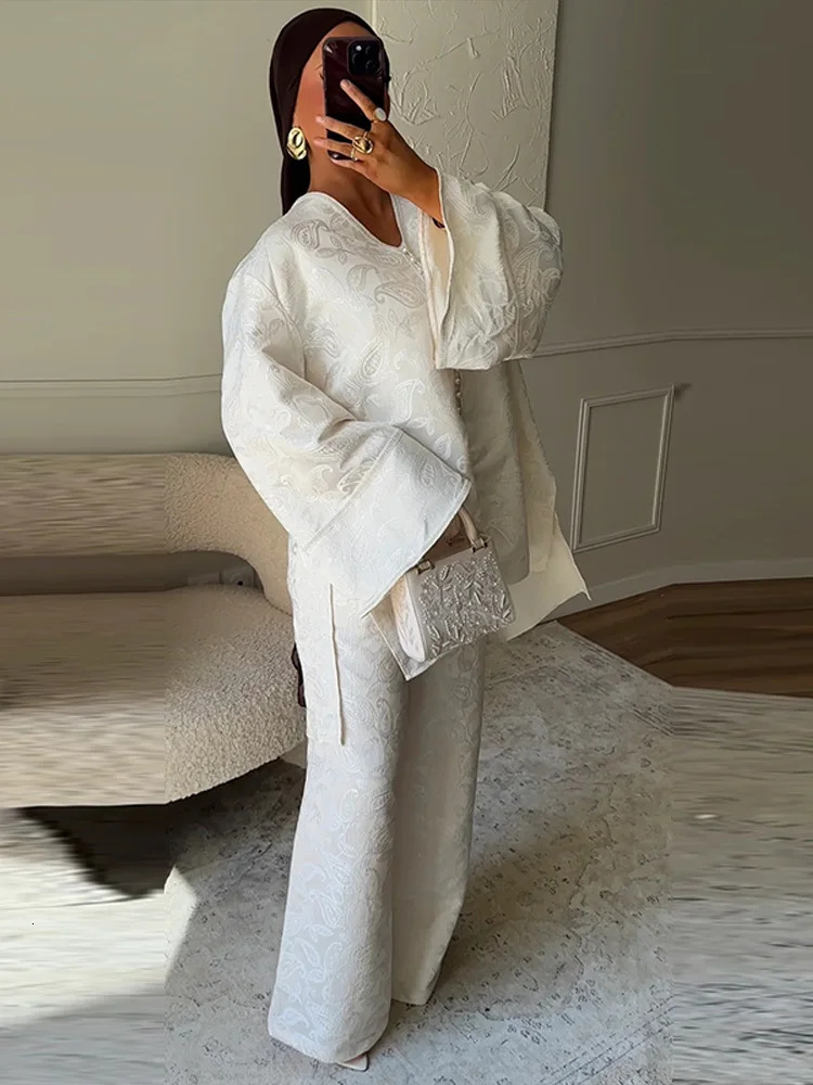 Womens Fashion Jacquard Top And Pant Set Loose Vneck Irregular Hem Wideleg Trouser Lady Chic Vintage Court Outfits 250811