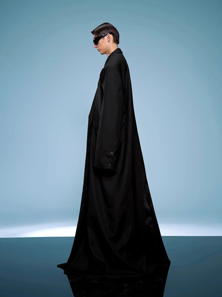 Mauroicardi Spring Autumn Cool Long Oversized Black Trench Coats Man Shoulder Pads Clothes Overcoat 2025 250804