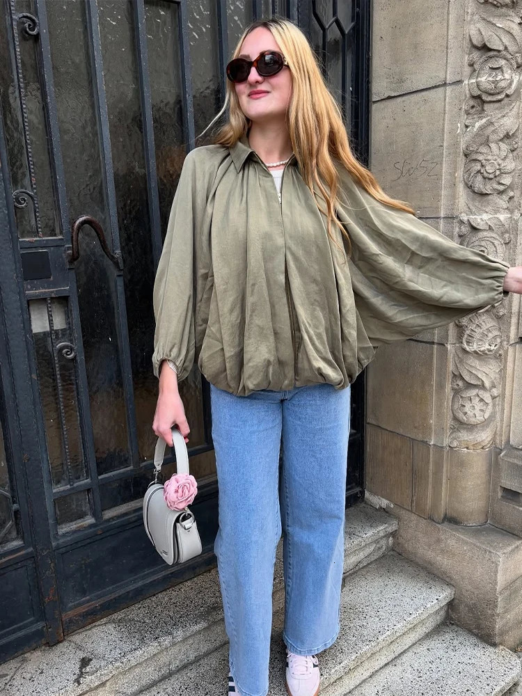 Street Loose Jackets Women Fashion Pleated Lapel Batwing Long Sleeve Female Coats 2025 Spring Summer Y2k Zipper Lady Outwears 250811