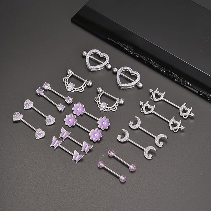 9 Pairs Nipple Rings Stainless Steel Heart Butterfly Moon Flower CZ Barbell Tongue Rings Set Cute Nipplerings Piercing Jewelry for Women Purple Tone