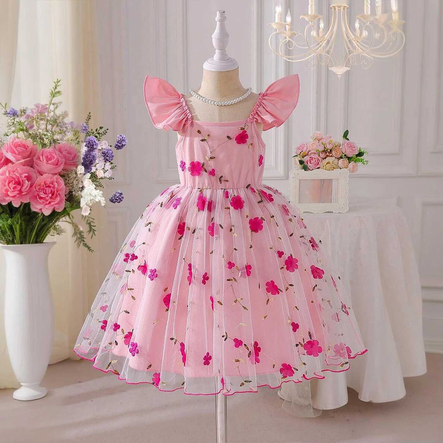 Baby Girls Summer Dresses for 3-8 Years Casual Embroidery Lace Mesh Princess Fairy Dress Kids Birthday Party Easter Dress for Girl W250811