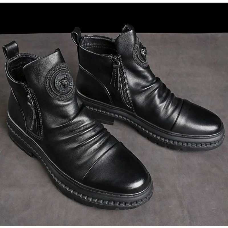 Mens Motorcycle Leather Boots British Style Round Head High Top Shoes Side Zip Walking Casual Platform Boots Mens Boots W250811