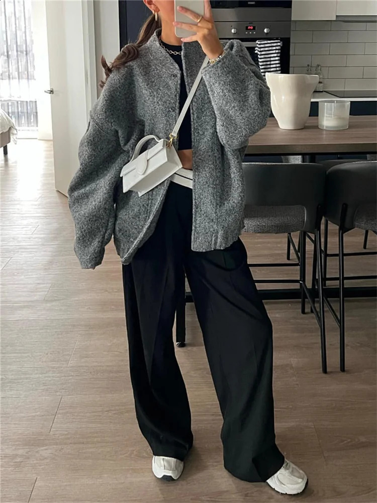 Woman Fashion Loose Gray Warm Baseball Jacket Spring Casual Oversized Bomber Jacket Girls Vintage Thick Warm Outwear 250805