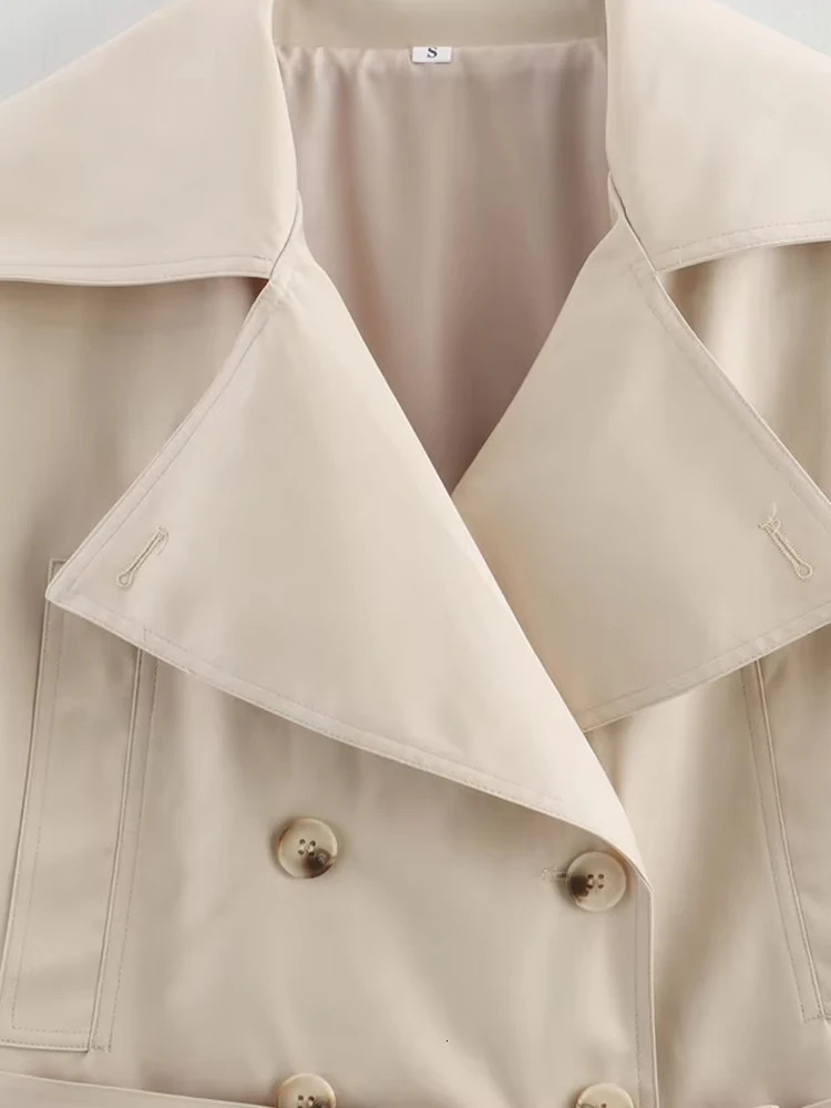 TRZA Double Breasted Crop Trench Coat for Women Fashion Belt Long Sleeve Lapel Collar Chic Outerwear Female Tops 250809