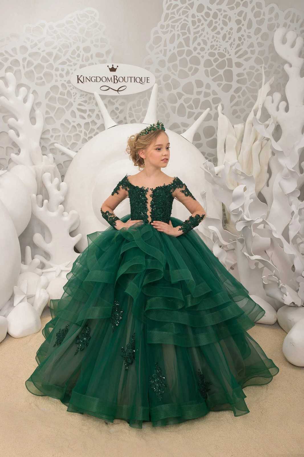 Emerald Green Tulle Puffy Layered Flower Girl Dress For Wedding Princess Kid Birthday Party First Communion Ball Gown Customized W250811