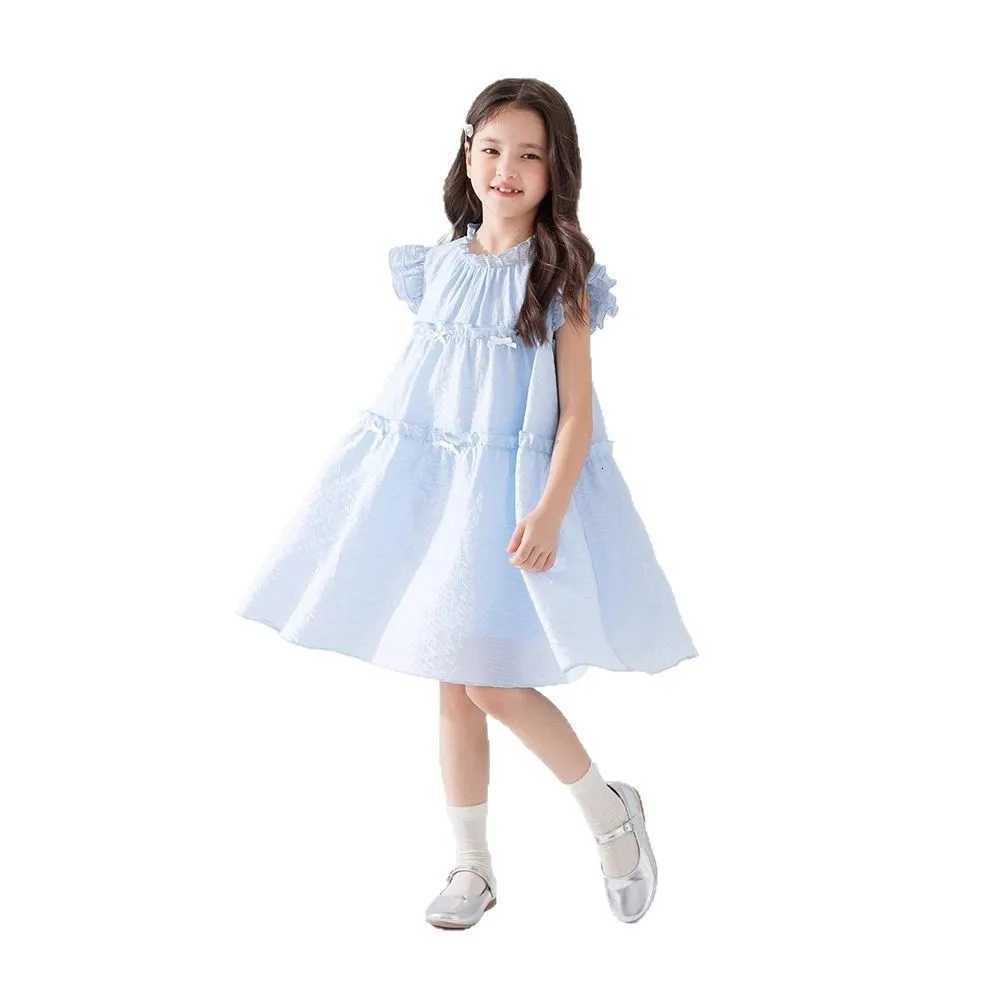 Girls Summer Dress Sweet Flying Sleeve Bow Lace Ruched Kids Girls Princess Dress Thin Cotton Cool Children Girls Dress W250811