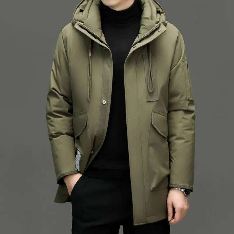 Classic 2025 Winter Men's Mid-Length White Duck Down Jacket Outdoor Windproof Wear Warm Hooded Puffer Coat Thick Clothing