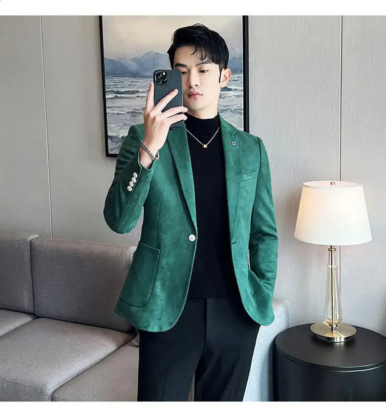 Fashion High Quality Suede Men Blazer Korean Slim Business Casual Suit Jacket Coat Dress Party Dark Green White Costume Homme 250811 - view 4