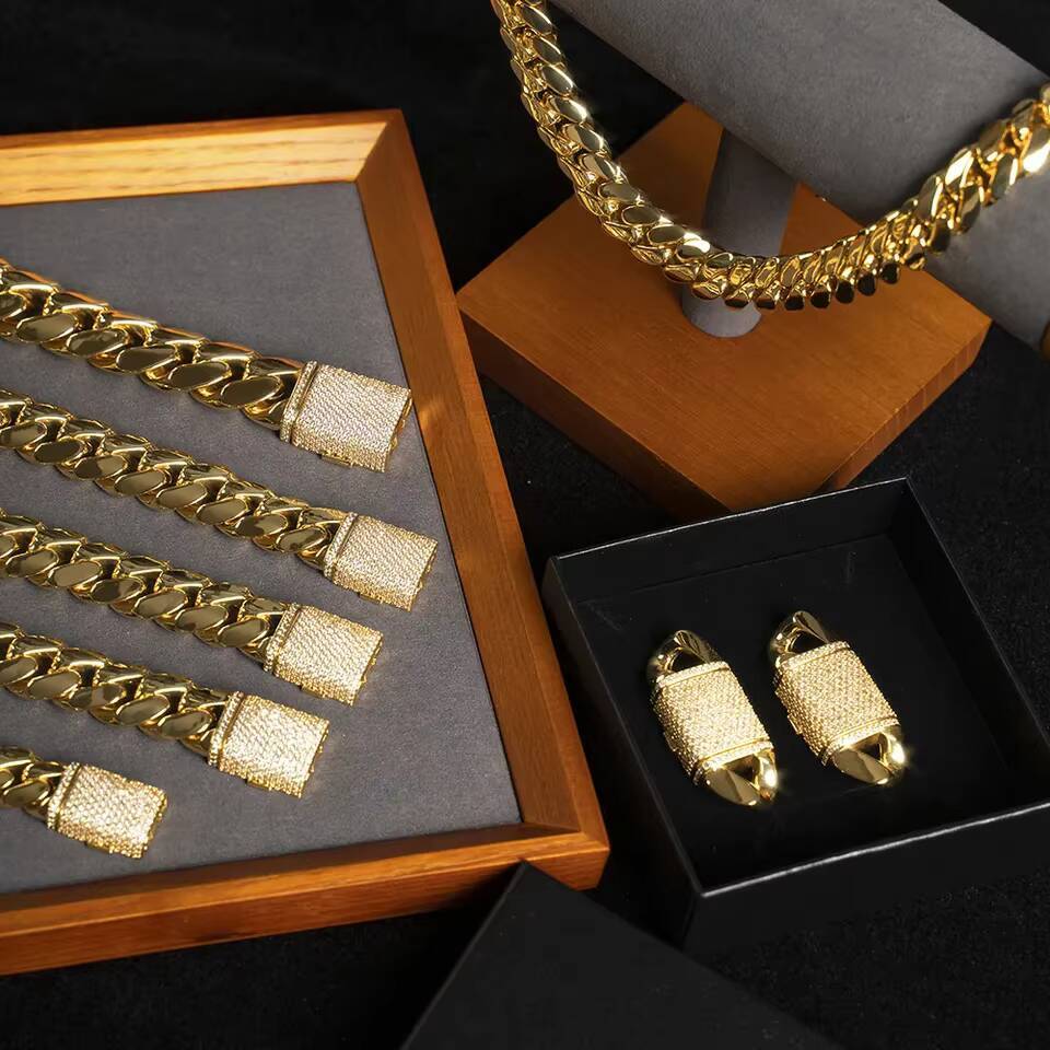 Wholesale Custom Jewelry Manufacturer 18k Gold Plated Titanium 20mm Thick Necklace Bracelet Miami Cuban Link Chain for Men