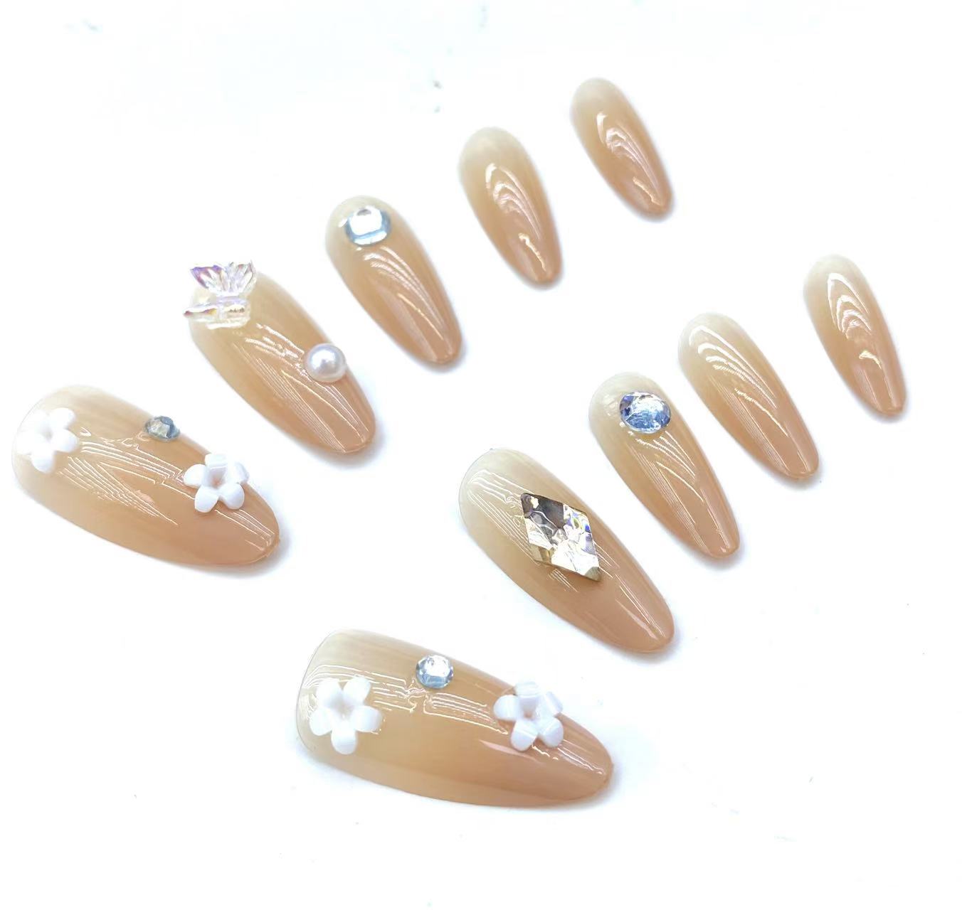 Handmade Fake nails Nude Brown Ombre Almond press on nails with Flower Butterfly Rhinestone Pearl Design Full Cover DIY Tips