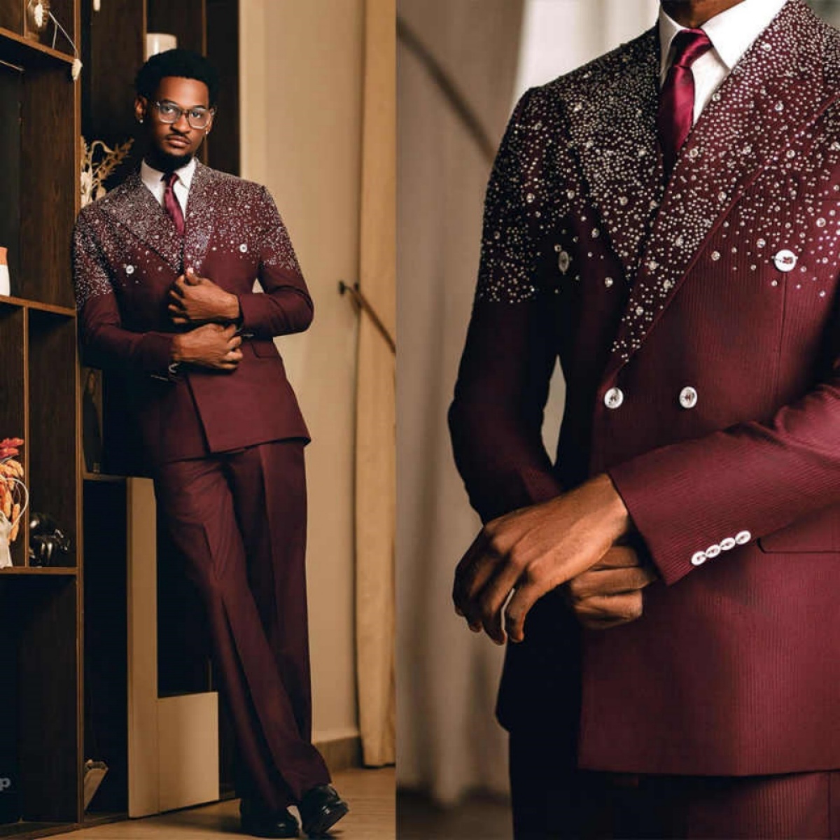 Business Mens Tuxedos Double Breasted Beading Groom Pants Set Male Fashion Suit Tailored Made Wedding Clothing