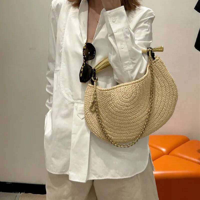 Classic Beach Straw Woven Bags For Women Designer Handbag Purse 2025 New In Sequined Handle Chain Strap Underarm Shoulder