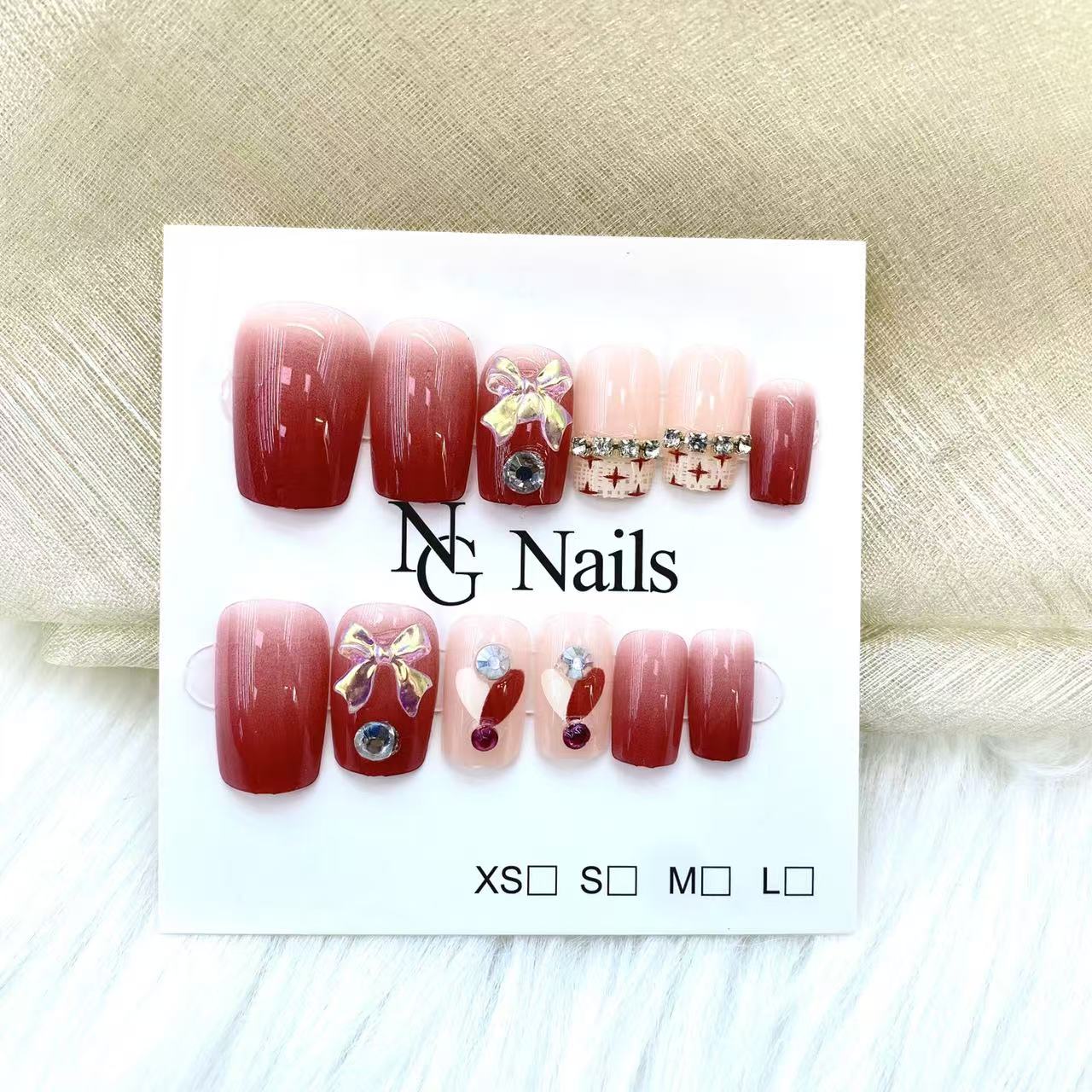 Fake Nails 10pcs Short Square Red Ombre Nude Pink 3D Bow Rhinestone Heart Cross-Stitch Detachable Full Cover Press On DIY Handmade press on nails