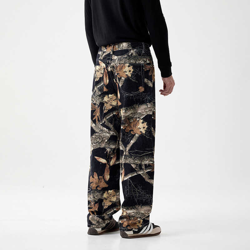 Popular loose straight wide-leg denim printed graffiti black tree branch fallen leaves trendy street style denim pants for men Z250605