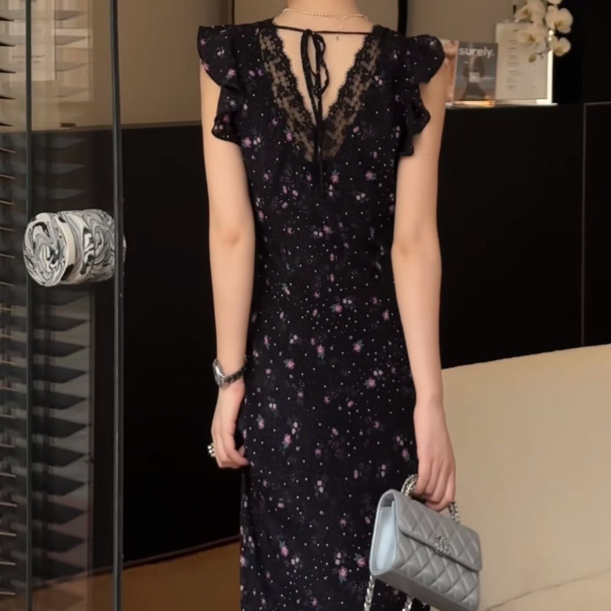 2025 Black Lace Patch Flower Dress Summer Vacation Style trend French Elegant, Unique, Beautiful Asymmetric Waist Long Dress New Designer