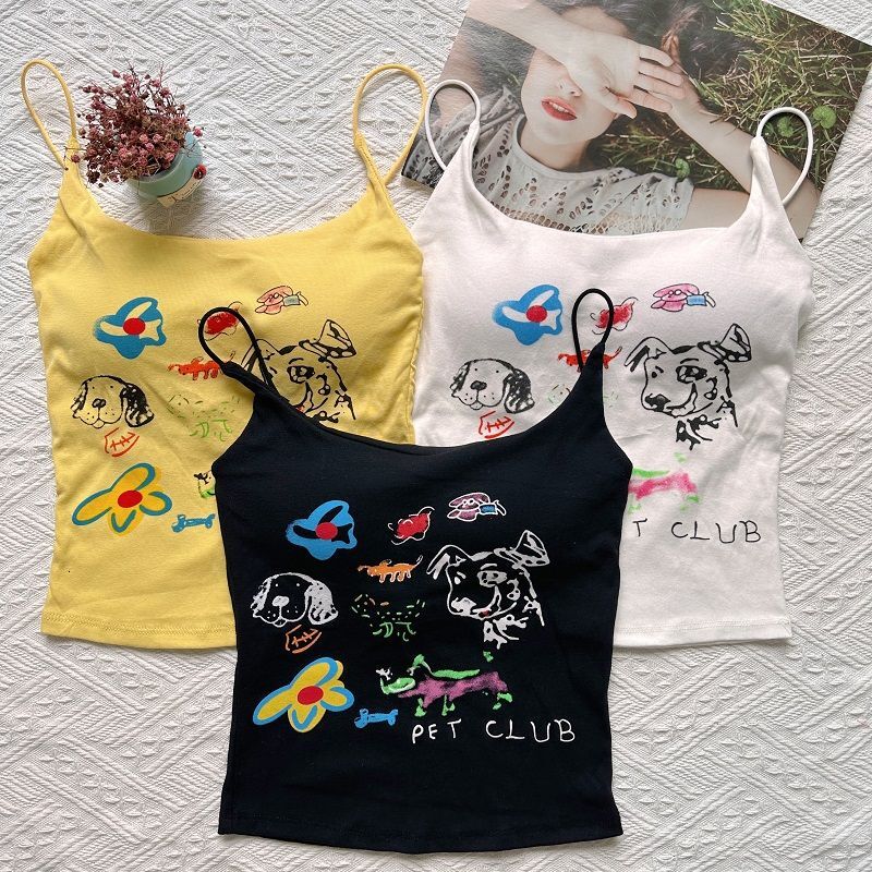 Yellow Dopamine Camisole Vest For Women With Chest Pads Beautiful Back Tube Top Base Layer Outerwear Sweet And Spicy Printed Top