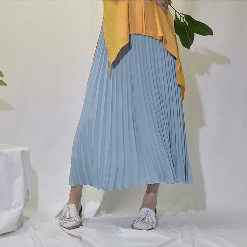 Vintage Pleated Midi Long Skirt For Women Korean Fashion Casual High Waist Chiffon Skirts Jupe Faldas 18 Color Autumn SK397 250811