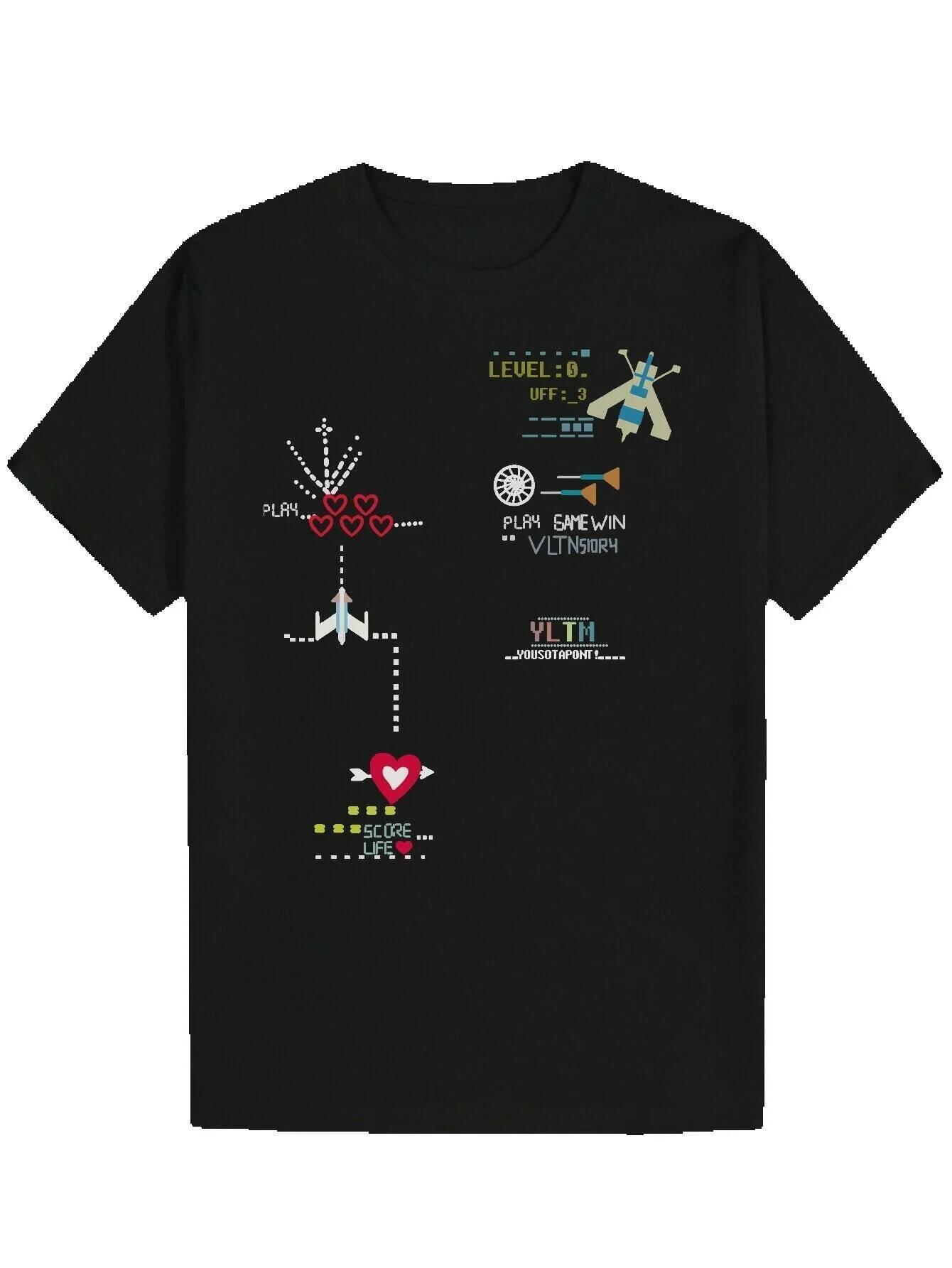 Men's Summer Round Neck Polyester T-Shirt with Complex Space Theme Pattern Design - 'LEVEL 5' 'GAME OVER' Patterns, Black, Re