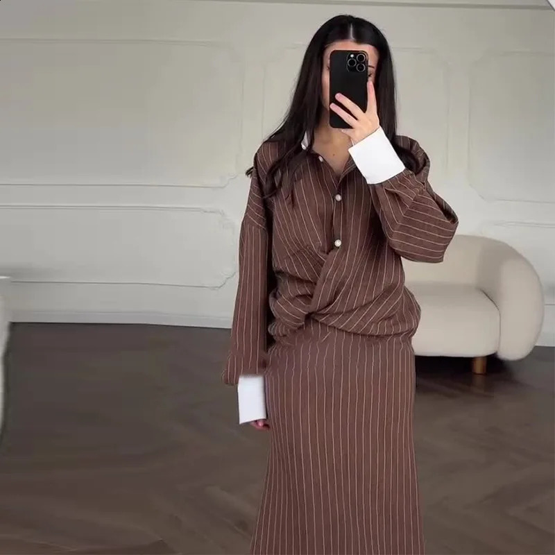 Fashion Autumn Winter Office Lady Womens Single Breasted Long Sleeved Shirt with Hip Wrapping Striped Long Skirt Set 250807