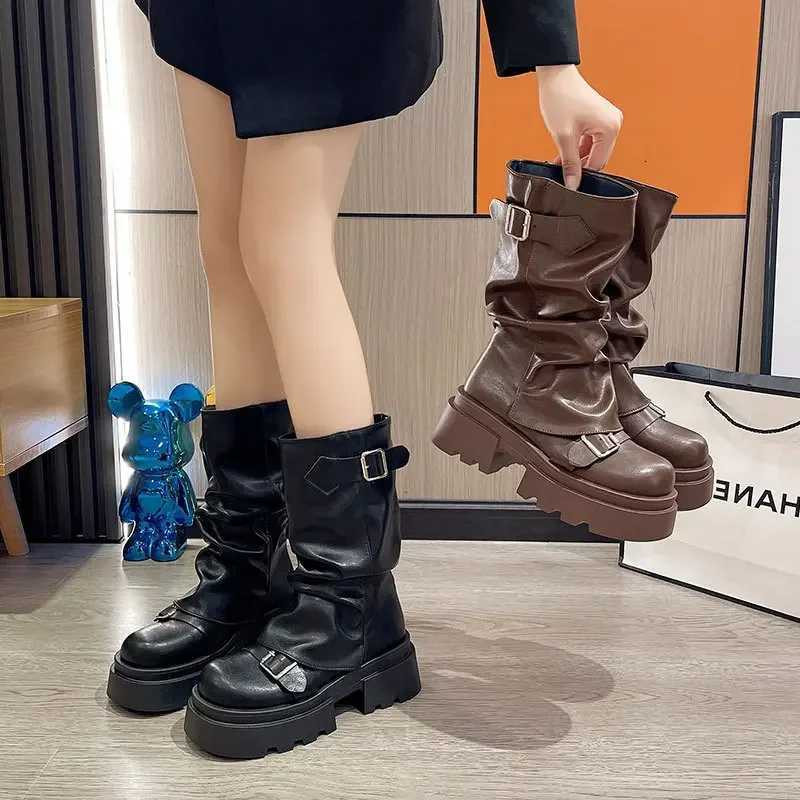 Womens Boots Brown Maillard Retro New Spring Autumn Height Increasing Comfortable Anti Slip Fashion Belt Buckle Boots 2025 W250811