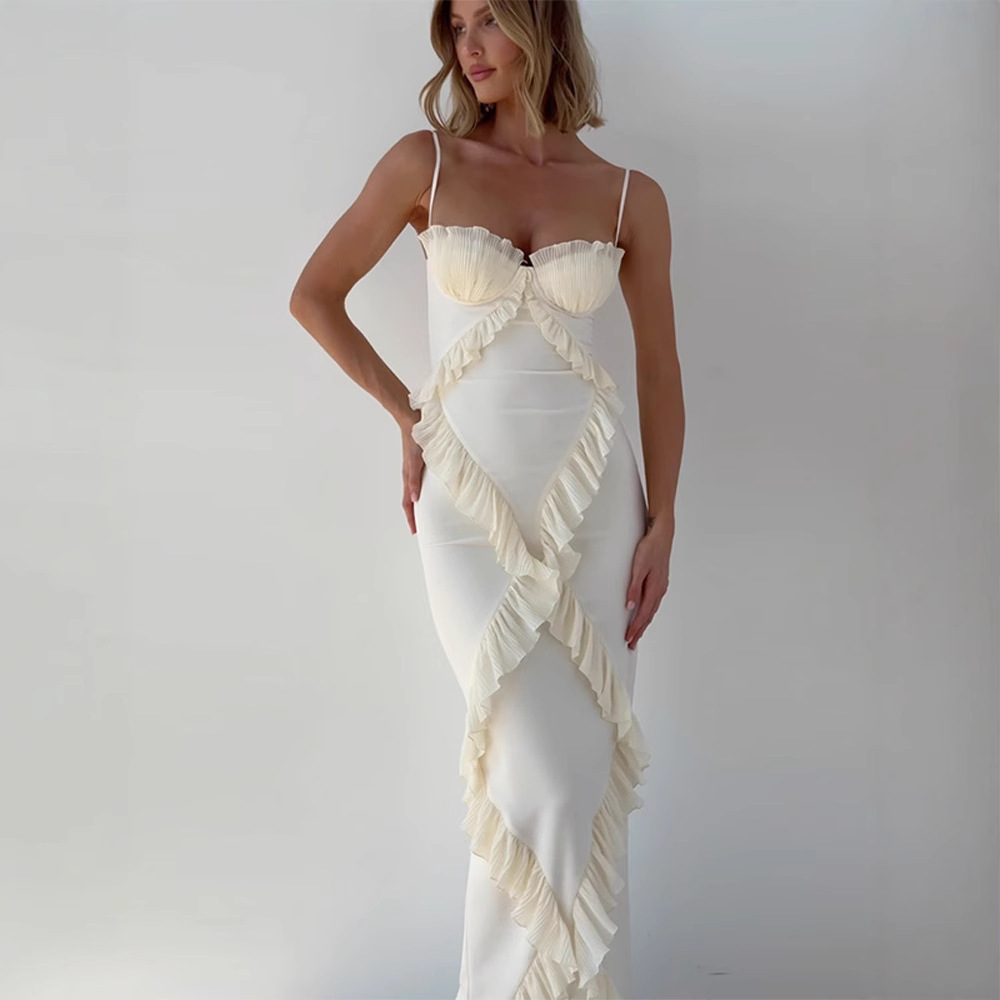 2025 Spring/Summer Women's Dress European and American Style Unique Street Beige fashion Lace Splicing Lace Dress New Designer