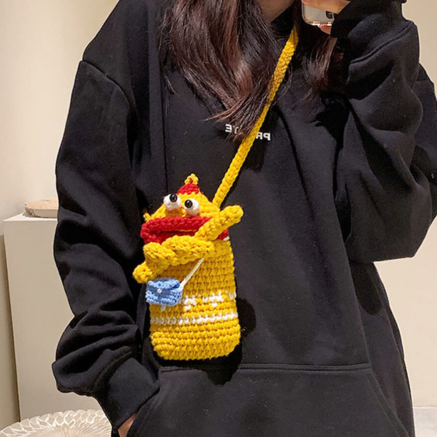 Autumn New Crochet Sausage Mouth Phone Bag Hand Woven Ugly Cute Women's Children's Crossbody Bag Coin Wallet Autumn Niche Design New Designe