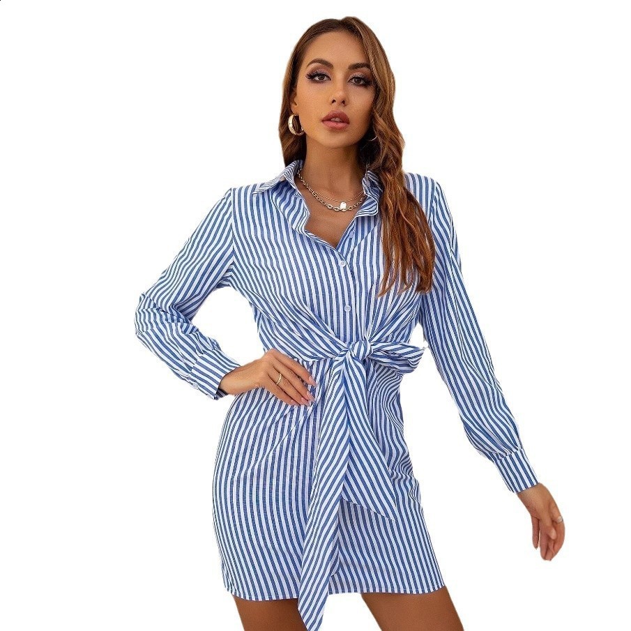 Women Elegant Striped Print Mini Dress Female OL Work Office Leisure Basic Dress Long Sleeve Tight Waist Shirt Dress 210716