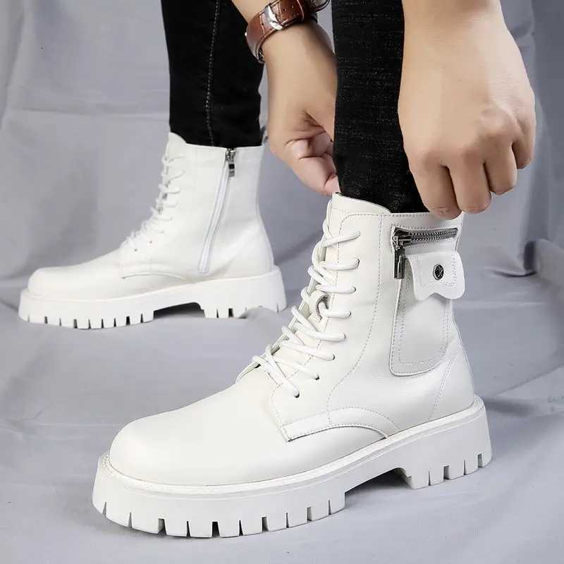 High Quality Men White Boots 2024 Fashion Zip Design Mens Leather Boot Anti-slip Lace-up Man Platform Boots W250811