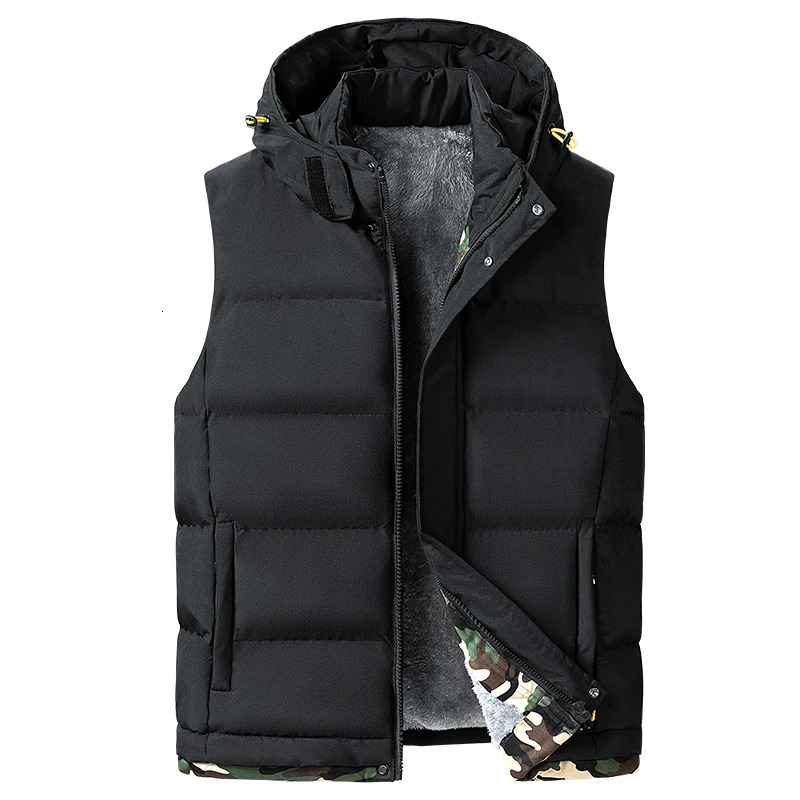 Big Size Mens Padded Vest Hooded Zipup Fleece lined Sleeveless Jacket Male Winter Thick Warm Brushed Work Hiking Plus 9XL 10XL 250809