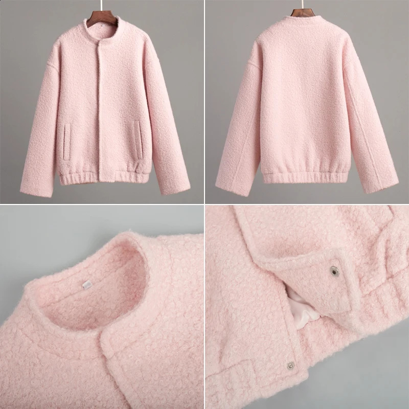Talenza Womens Pink Short Fur Jacket Autumn Loose Fashion Long Sleeve Jacket Top Casual Stand Collar Pocket Button Warm Jacket 250804