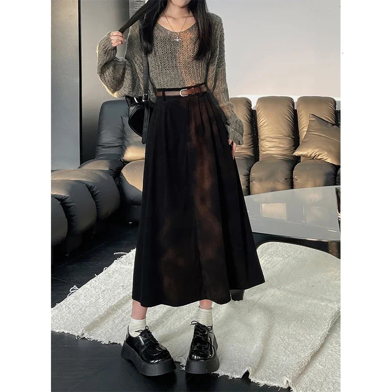 Vintage Belt Corduroy Midi Skirt Women High Waist Pleated A Line Skirts Autumn Winter Streetwear Korean Casual All Match Skirt 250811