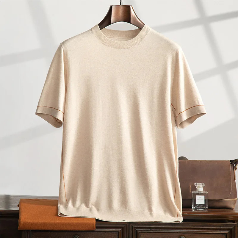 Naizaiga 70% mulberry silk 20% mercerized wool 10% cashmere O-neck short sleeve orange black acpricot Men sweater pullovers HR3 250806