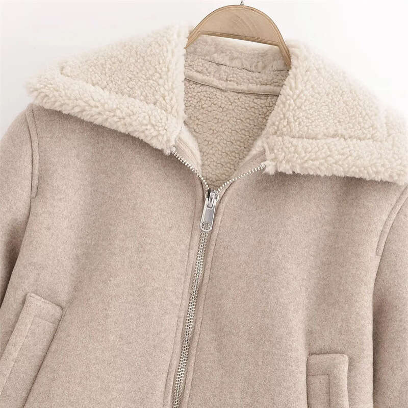 Windproof collar zipper wool lining coat, autumn and winter new multifunctional loose fit casual women's jacket